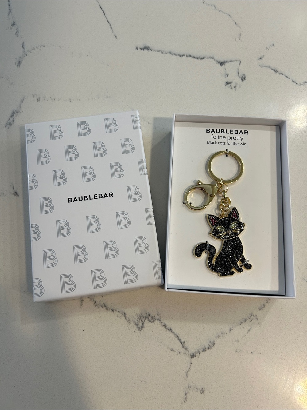 BaubleBar Black Glitter Cat Keychain with Gold Hardware
